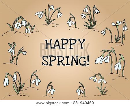 Happy Spring Text In Wreath Of Snowdrops Ornament. Beginning Of Spring