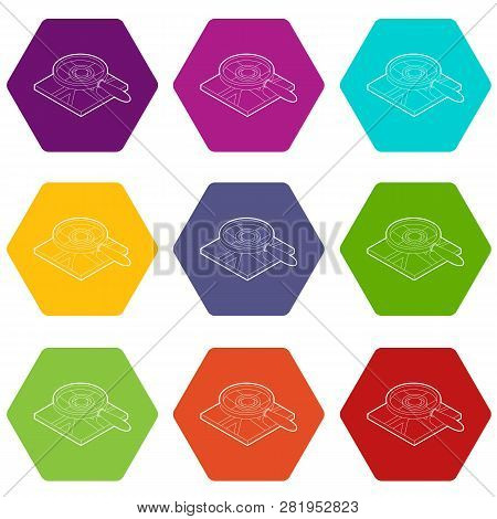 Magnifying Glass Over Map Icons 9 Set Coloful Isolated On White For Web