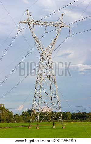 High Voltage Transmission Towers - Located In The Middle Of Green Rice Fields