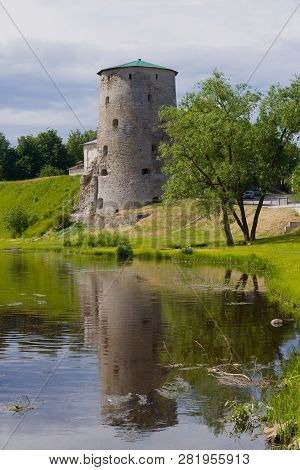 View Of The Rattling Tower On A Cloudy Summer Day. Pskov, Russia