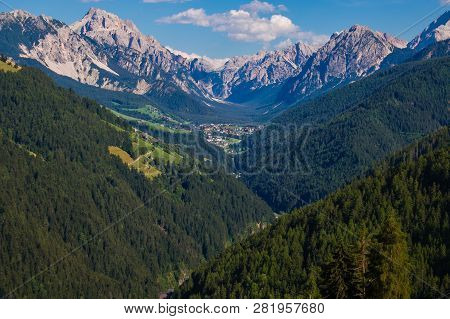 Panoramic View Of San Vigilio Di Marebbe Village In The Italian Dolomites, Alto Adige
