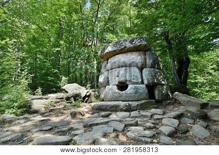 Mysterious Dolmen In The Valley Of The River Zhane In The Mountains Of Gelendzhik. Dolmen In The Mou