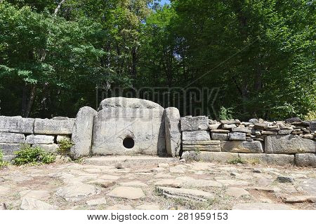 Mysterious Dolmen In The Valley Of The River Zhane In The Mountains Of Gelendzhik. Dolmen In The Mou