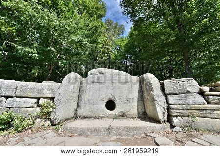 Mysterious Dolmen In The Valley Of The River Zhane In The Mountains Of Gelendzhik. Dolmen In The Mou