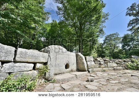 Mysterious Dolmen In The Valley Of The River Zhane In The Mountains Of Gelendzhik. Dolmen In The Mou