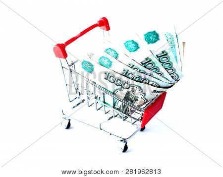 Shopping Trolley With Russion Money Inside Isolated On White