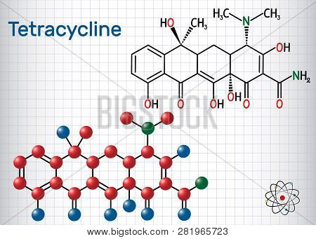 Tetracycline Antibiotic Drug Molecule. Structural Chemical Formula And Molecule Model. Sheet Of Pape
