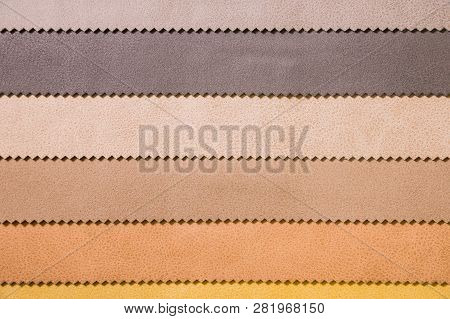 Colorful And Bright Fabric Samples Of Leatherette Furniture And Clothing Upholstery. Close-up Of A P