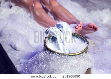Young Woman In Red Bikini Relaxing In Hammam Or Turkish Bath.
