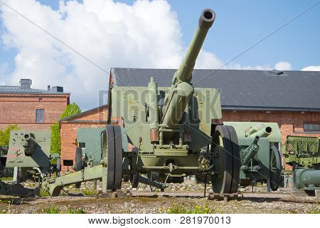 Hameenlina, Finland - June 10, 2017: Old Gun Close Up In The Sunny Summer Day. Museum Of Artillery O