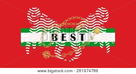 Best T-shirt And Gold Chains And Pendants Fashion Print On Red Background. Rough Wings Lines Trendy 