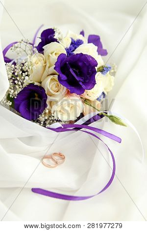 Beautiful Wedding Rings With Bouquet Of Flowers. Declaration Of Love, Spring. Wedding Card. Wedding 
