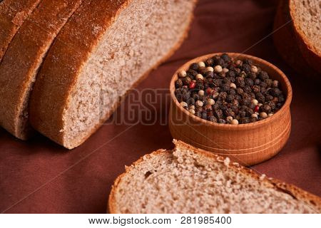 Bowl Of Various Pepper Peppercorns Seeds Mix On Table Rastic Style Background