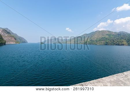 Beautiful Blue Sky View Of Vajiralongkorn Dam At Kanchanaburi, Thailand