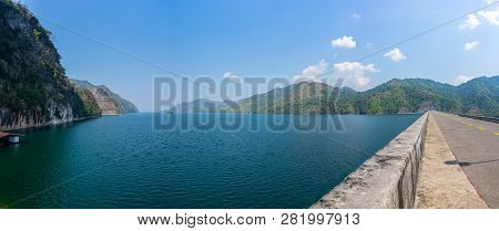 Beautiful Blue Sky View Of Vajiralongkorn Dam At Kanchanaburi, Thailand