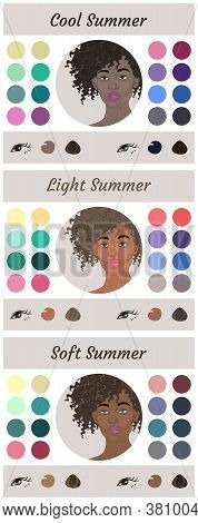 Stock Vector Seasonal Color Analysis Palettes For Summer Type Of Female Appearance. Best Colors For 