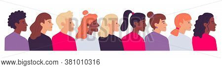Profile Women Portraits. Diverse Female Heads Side View. Cartoon Characters Of Various Nationality, 