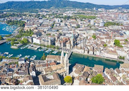 Aerial view of Limmat river and famous Zurich churches. Zurich is important financial center of Switzerland and lovely historical city.