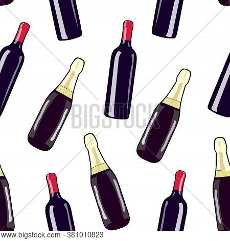 A Bottle Of Wine And A Bottle Of Champagne. Seamless Pattern Bottle. Hand Drawing Alcohol Bottle. Ve