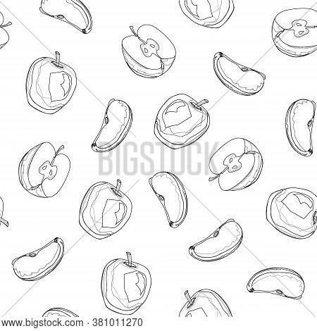 Seamless Pattern Of Outline Apples. Apple Background. Hand Drawing. Vector Illustration. White Backg