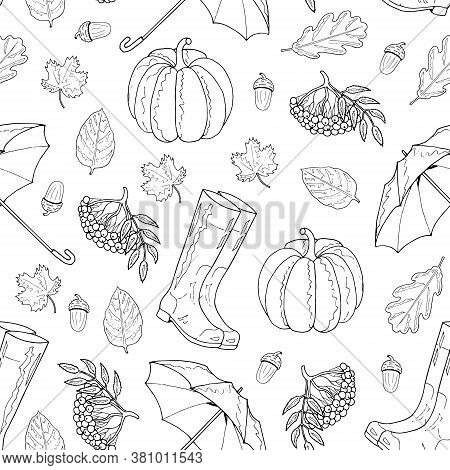 Seamless Pattern From Leaves, Rubber Boots, Umbrella, Mountain Ash, Pumpkin, Acorn On A White Backgr