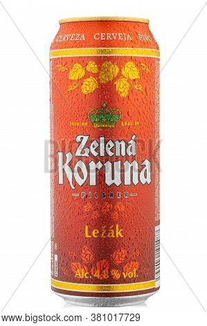 Ukraine, Kyiv - June 23. 2020: Aluminium Can Beer Zelena Koruna Lezak From A Czech Manufacturer, On 
