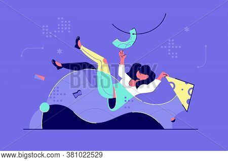 Flood And Water Overflow Illustration. Inundation And Floodwaters In Work. Overworked Woman Drowning