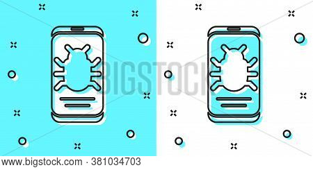 Black Line System Bug On Mobile Icon Isolated On Green And White Background. Code Bug Concept. Bug I