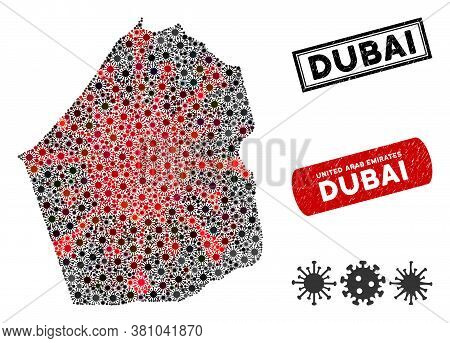 Coronavirus Collage Dubai Emirate Map And Corroded Stamp Seals. Dubai Emirate Map Collage Composed W