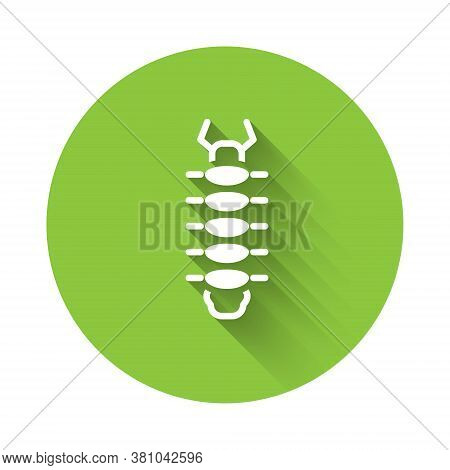 White Centipede Insect Icon Isolated With Long Shadow. Green Circle Button. Vector