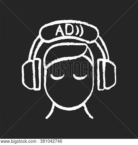Audio Description Chalk White Icon On Black Background. Video Description. Narration. Providing Addi