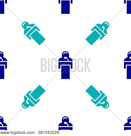Blue Gives Lecture Icon Isolated Seamless Pattern On White Background. Stand Near Podium. Speak Into