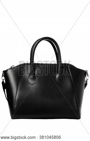 Modern Designer Look Of A Black Women's Handbag Isolated On White Background.black Business Bag For 
