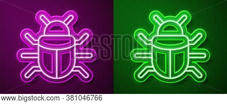 Glowing Neon Line System Bug Concept Icon Isolated On Purple And Green Background. Code Bug Concept.
