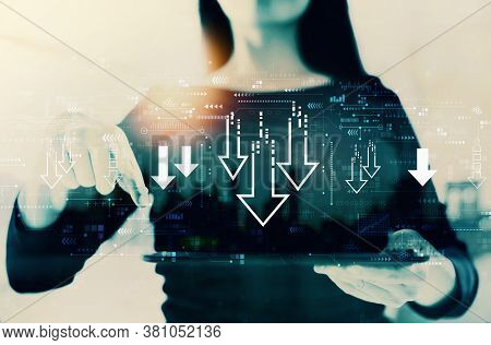 Descending Arrows With Businesswoman On A City Background