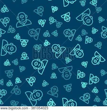 Green Line Cyclops Icon Isolated Seamless Pattern On Blue Background. Vector