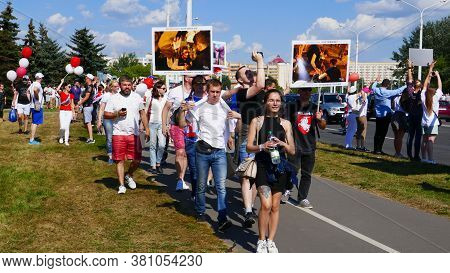 Minsk, Belarus August 16, 2020: Peaceful Protests In Belarus. Protesting Against Dictator President 