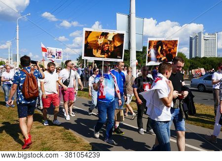 Minsk, Belarus August 16, 2020: Peaceful Protests In Belarus. Protesting Against Dictator President 