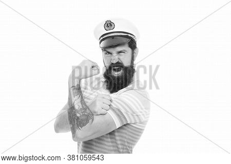 Strong Muscles. Sailor Spirit. Bearded Sailor Isolated On White. Sailor Or Seaman With Long Beard An