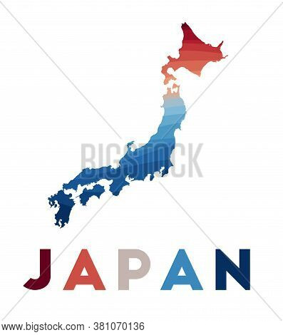 Japan Map. Map Of The Country With Beautiful Geometric Waves In Red Blue Colors. Vivid Japan Shape.