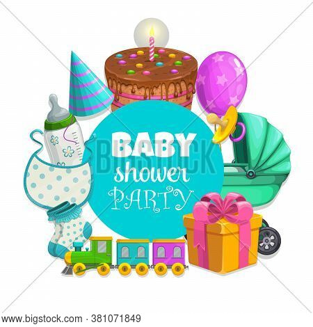 Baby Shower Party Vector Banner With Toys And Pie. Cartoon Kids Stuff, Isolated Children Bib, Stroll