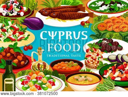 Cyprus Food Vector Meals Pilaf In Larnakski Style, Grilled Sea Fish And Zucchini Meatballs, Greek De