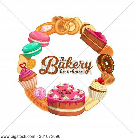 Confectionery Sweet Desserts Vector Round Frame. Bakery Shop Pastry Cartoon Banner With Cake, Donut,