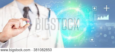 Close-up of a doctor giving you a pill with adm abbreviation, virology concept