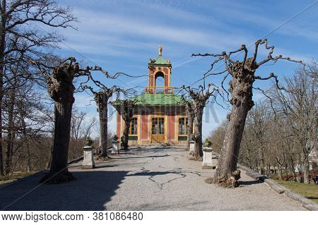 Drottningholm , Sweden - April 21 2019: The View Of The Confidence Of The Chinese Pavilion At The Ro