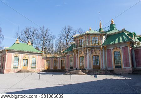 Drottningholm , Sweden - April 21 2019: The View Of The Chinese Pavilion At The Royal Palace Park On