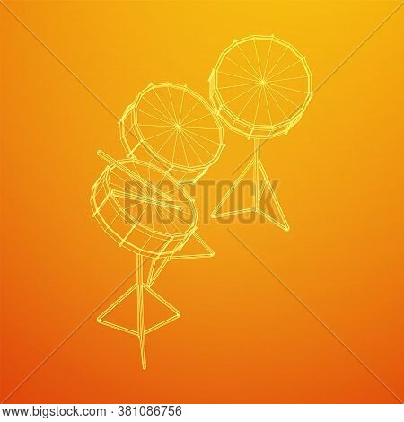 Musical Instruments Set. Rock Band Kit. Percussion Musical Instrument Drum And Stick. Wireframe Low 
