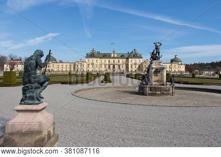 Drottningholm, Sweden - April 21 2019: The View Of Drottningholm Palace Facade In A Sunny Day On Apr