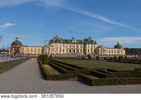 Drottningholm, Sweden - April 21 2019: The Front View Of Drottningholm Palace In A Sunny Day On Apri