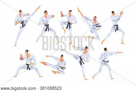 Man Doing Karate In Various Poses Set, Male Fighter Character In White Kimono Practicing Traditional